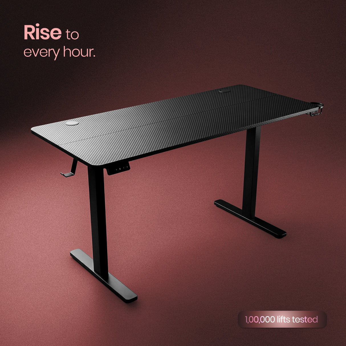 Black adjustable desk on a dark red background with text 'Rise to every hour.'