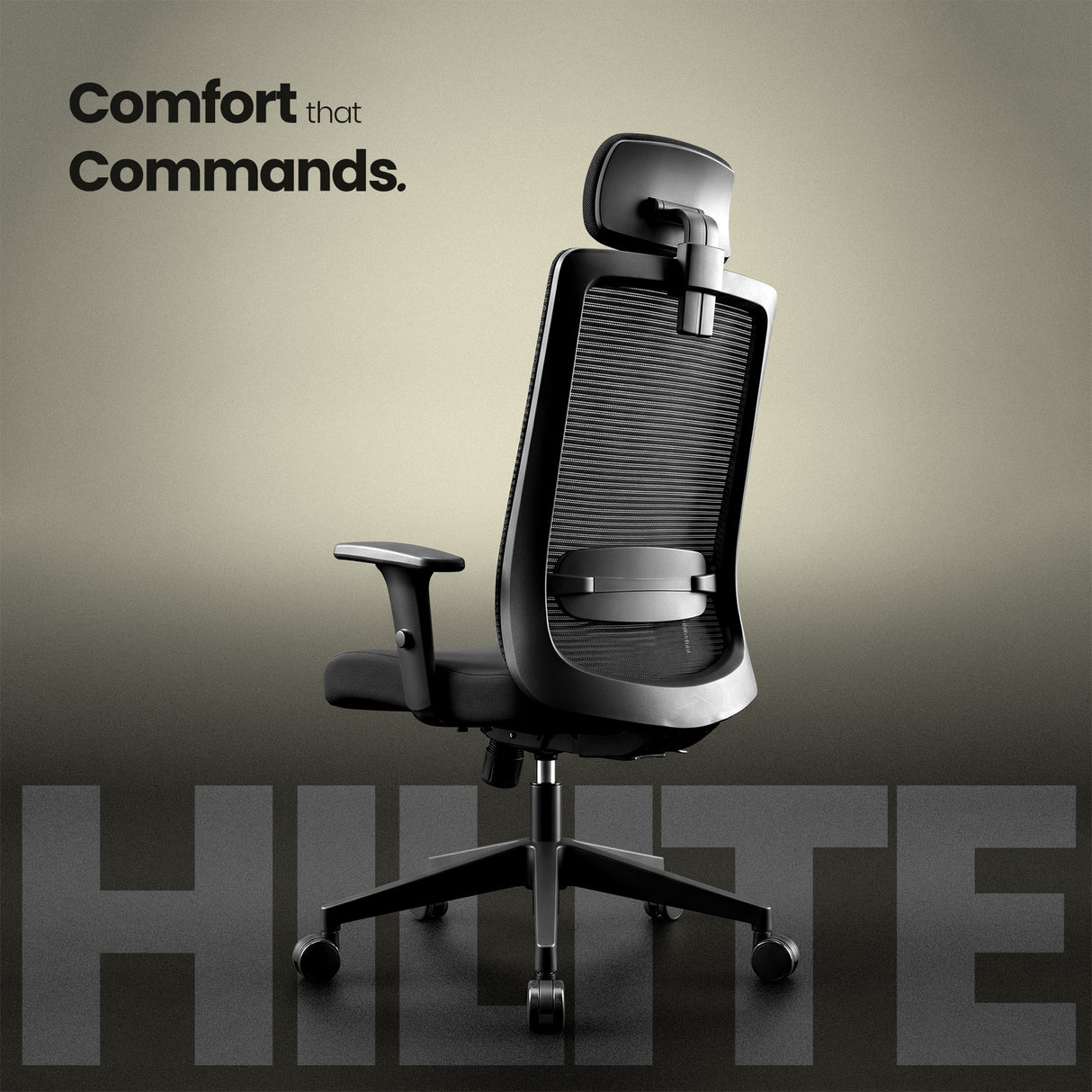 Ergonomic office chair with 'Comfort that Commands' text and HILITE branding on a beige background