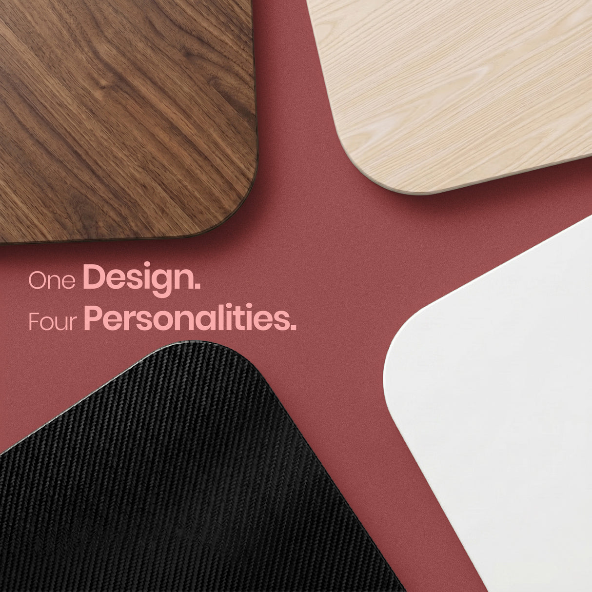 Four different types of coasters on a red background with text 'One Design. Four Personalities.'