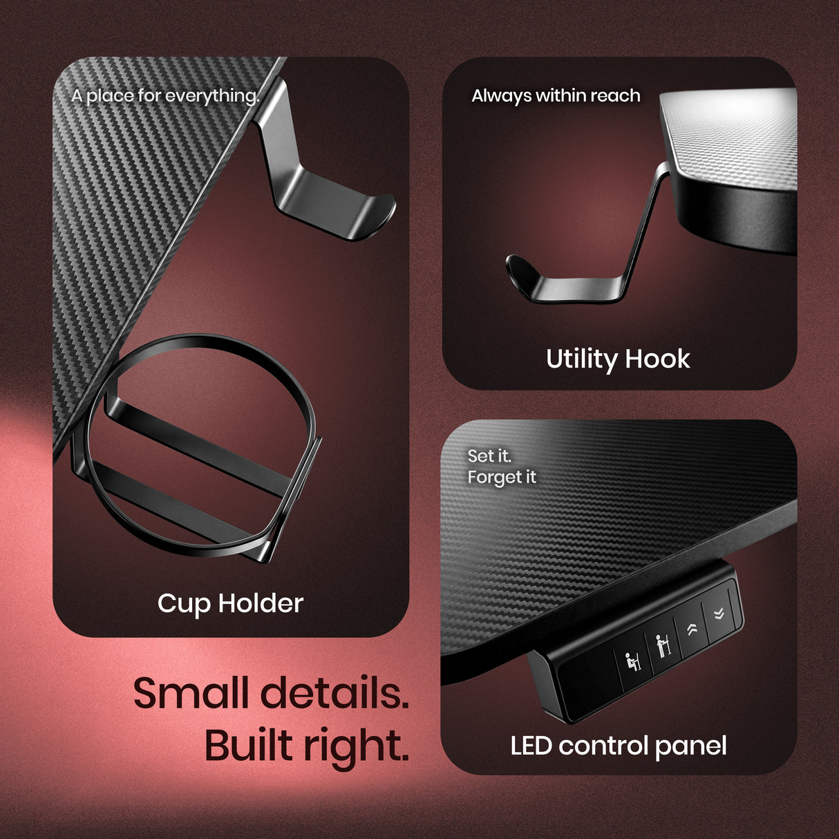 Car dashboard organizer with cup holder, utility hook, and LED control panel on a dark background.