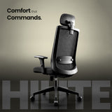 Ergonomic office chair with 'Comfort that Commands' text and HILITE branding on a beige background