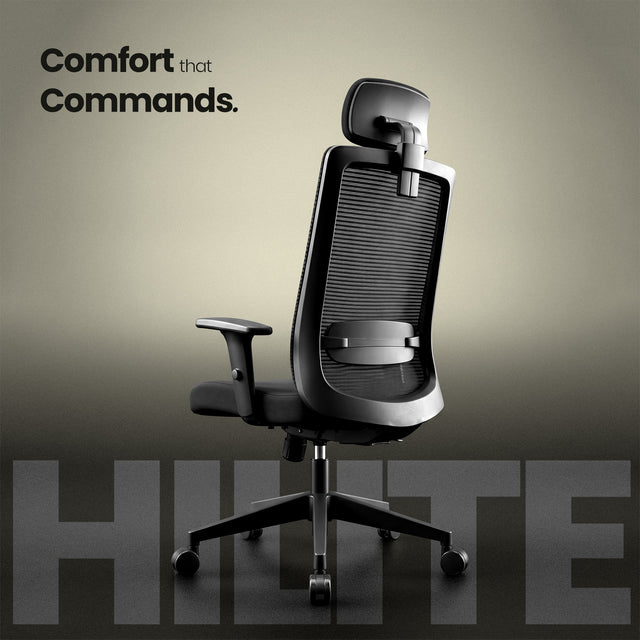 Ergonomic office chair with 'Comfort that Commands' text and HILITE branding on a beige background