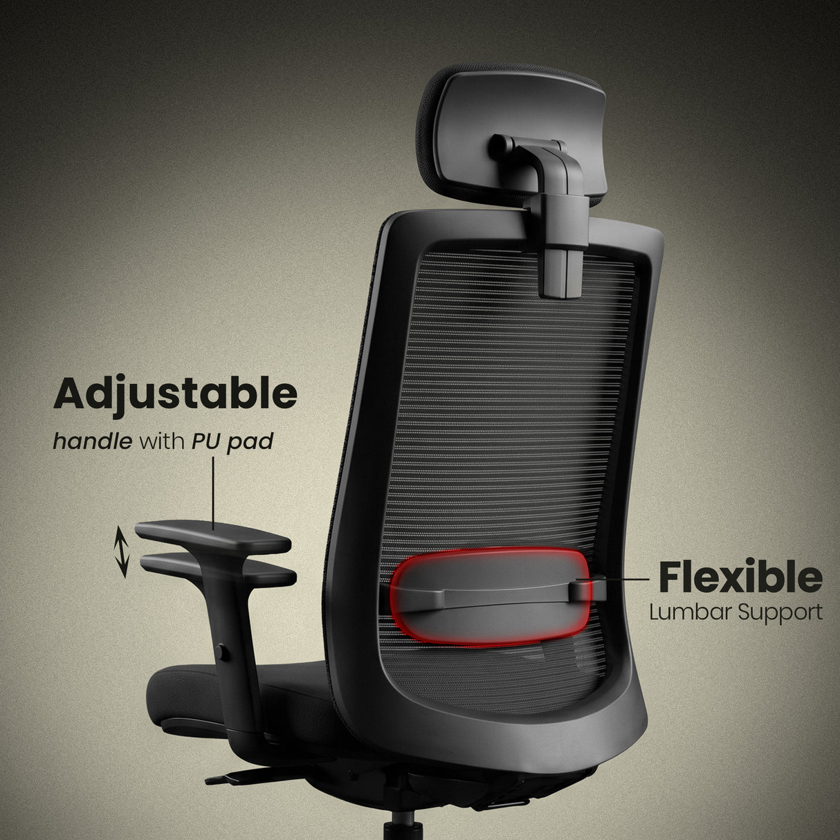 Ergonomic office chair with adjustable handle and flexible lumbar support on a beige background