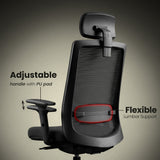 Ergonomic office chair with adjustable handle and flexible lumbar support on a beige background