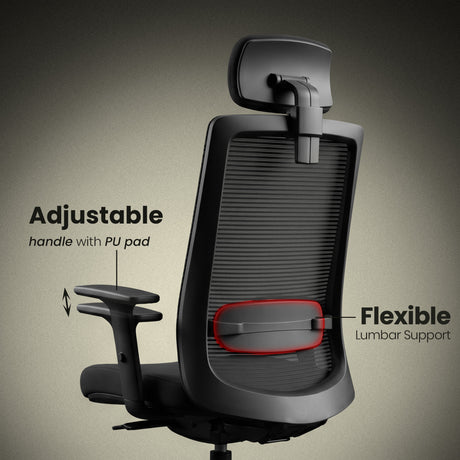 Ergonomic office chair with adjustable handle and flexible lumbar support on a beige background