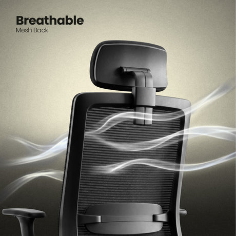 Chair seat with a hand touching it, featuring text about micro breathable fabric and soft PU.