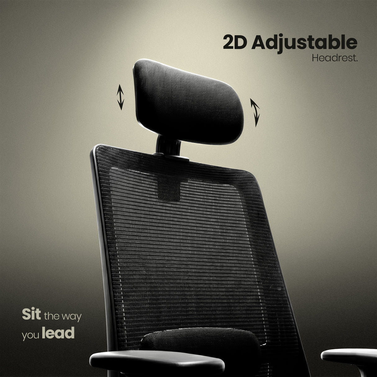 Black office chair with 2D adjustable headrest on a gray background