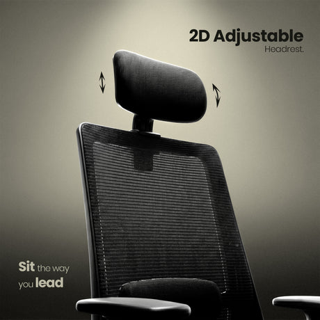 Black office chair with 2D adjustable headrest on a gray background