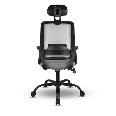 Black office chair with mesh backrest on a white background