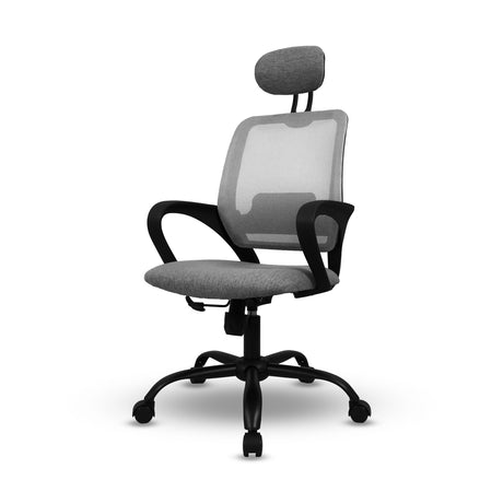 Gray office chair with mesh back and black frame on a white background