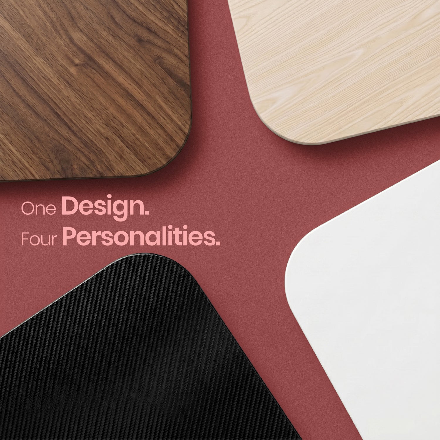 Four different types of coasters on a red background with text 'One Design. Four Personalities.'