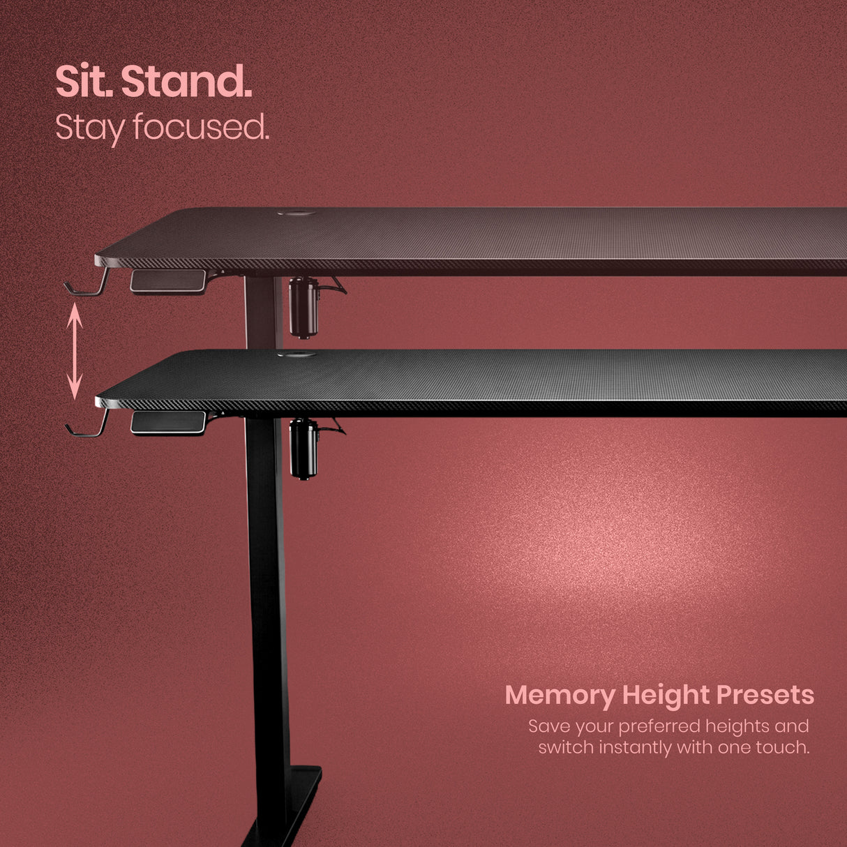 Adjustable standing desk with height adjustment mechanism on a red background