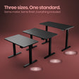 Three sizes of black adjustable desks on a red background with text about standardization.